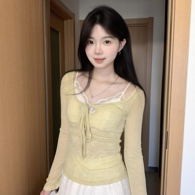 Kaida Pure Desire Sexy Hot Girl Big U-Neck Hollow Lace Slim Long Sleeve T-Shirt Women's Spring and Summer Bottoming Shirt Top Kaida Pure Desire Sexy Hot Girl Big U-Neck Hollow Lace Slim Long Sleeve T-Shirt Women's Spring and Summer Bottoming Shirt Top