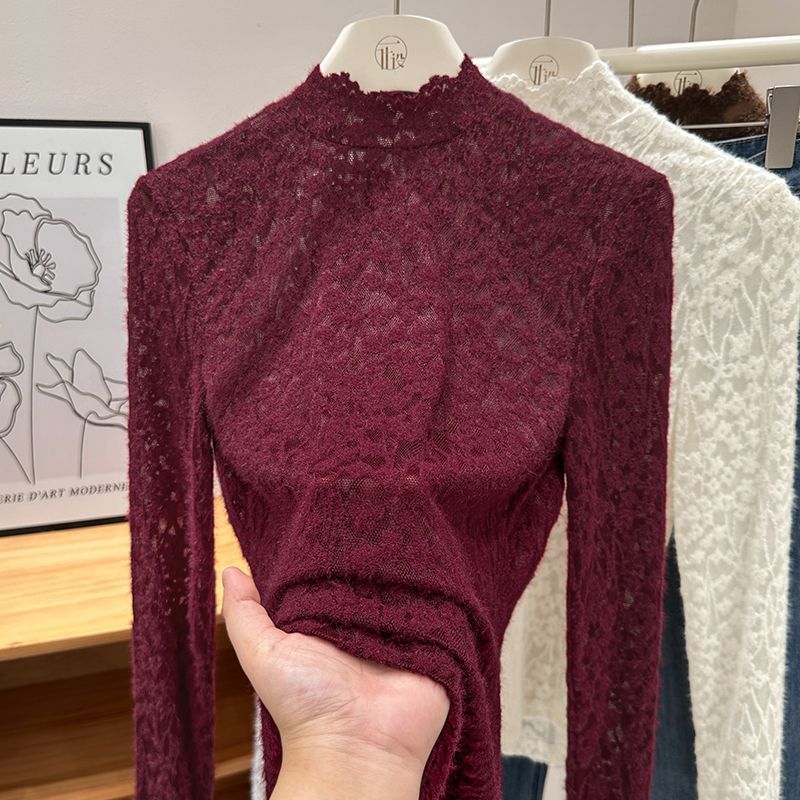 Apricot Half-High Collar Brushed Lace Bottoming Shirt for Women in Autumn and Winter with Cut Out Long-Sleeved Knitted Top with Classy Fungus Edges