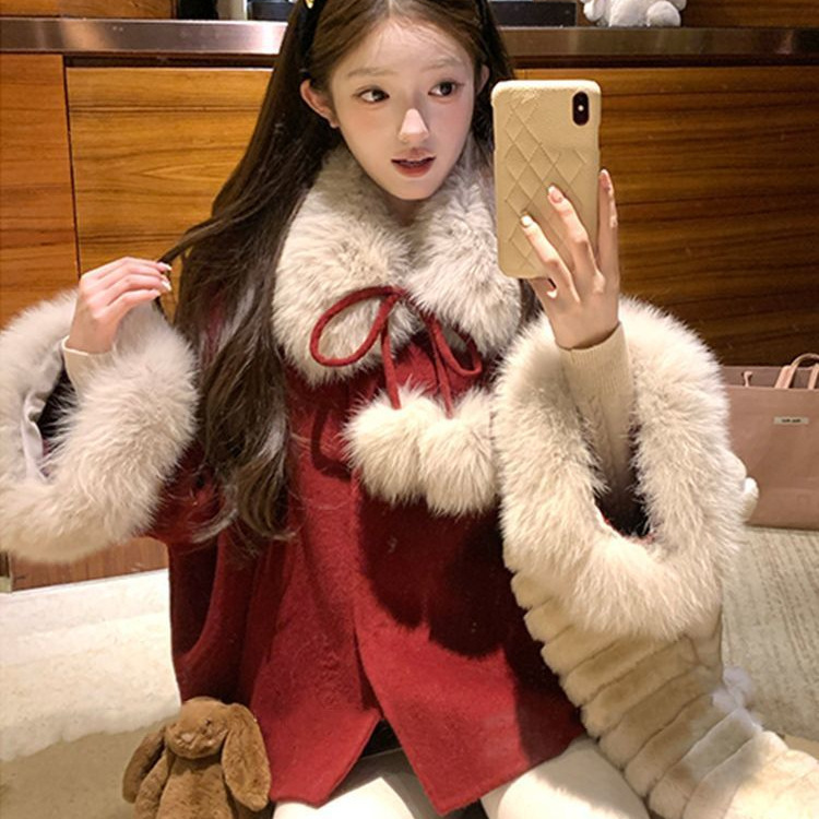 New Year Atmosphere Red-Colored Cute Loose-Fitting Winter Woolen Coat + Brown Short Skirt Two-Piece Set