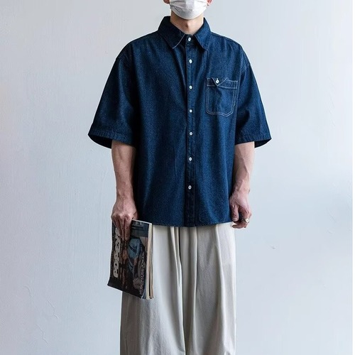 2025 Summer New Japanese Retro Workwear Blue Denim Short-Sleeve Shirt for Men and Women Loose Couple's Shirt Jacket