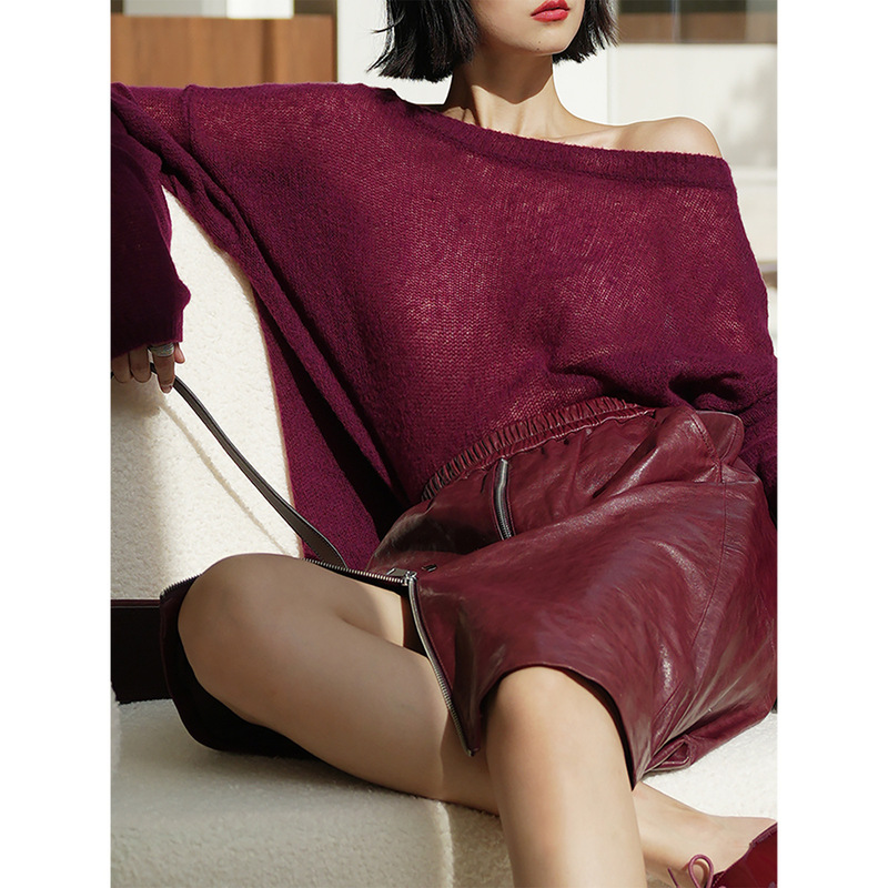 Light Air Naked Skin-Feeling Signature Silk Cashmere One-Shoulder Knitted Sweater for Women, French Style, Loose and Casual