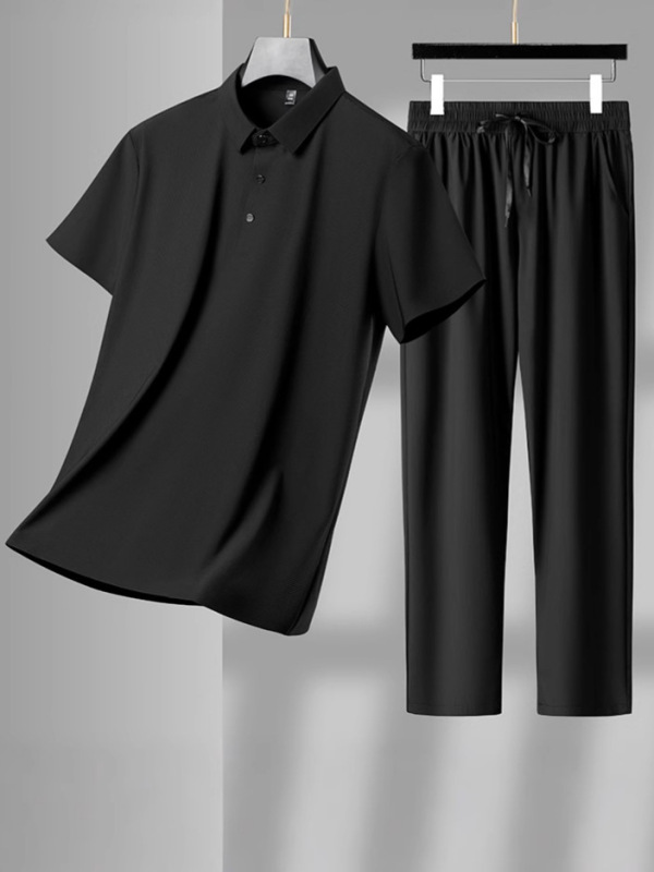 キツツキお父さんスーツ夏薄手半袖ストレッチ中年紳士アイスシルク服カジュアルスポーツ2点セット|undefined