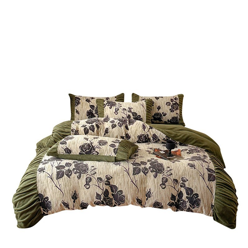 Nordic French Vintage Boho Class A Mother And Baby Grade Jacquard Milk Four-Piece Set, Vintage French Embossed Velvet Winter Thickened Duvet Cover_voghion.com