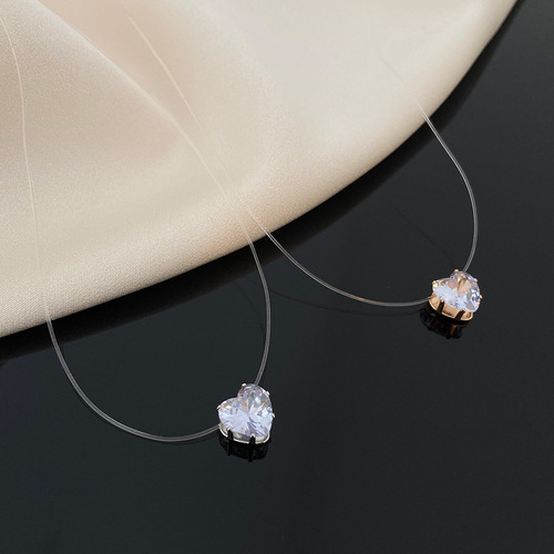 Cross-border new transparent invisible fishing line necklace, personal temperament zirconia heart lockchain, mermaid tear necklace, trendy