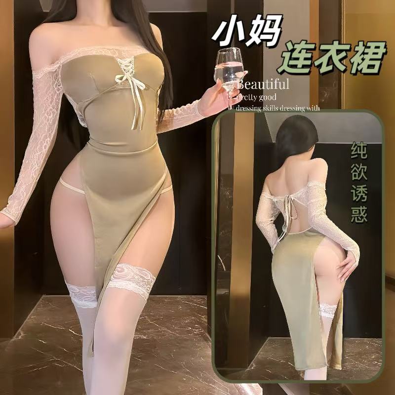 Purely Erotic Tube Top Backless Lingerie Dress with White Connectors Stockings, Apricot-Card Color, One Size — detail image 2