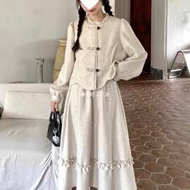 新中式复古盘扣连衣裙套装女2025春秋学院风长袖上衣半身裙两件套