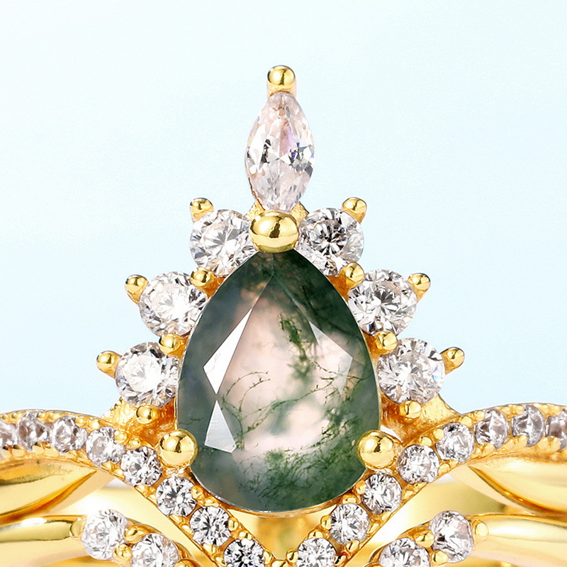 Anillo de plata S925 exclusivo de Amazon para mujer, con musgo verde, anillos de pareja con ágata de planta acuática, circonita versátil de moda europea y americana