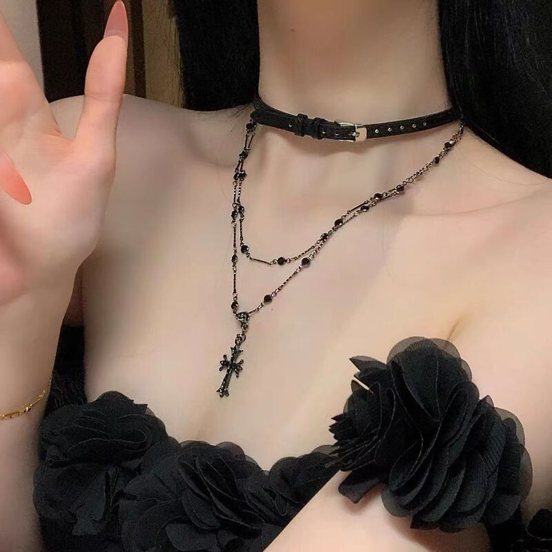 Black Cross Choker Women's Long Stacked Y2K Necklace Accessories Women's High-end Collarbone Chain Sweet Cool Necklace