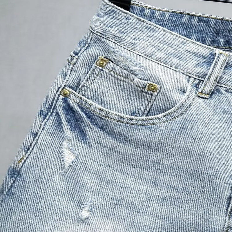 Men's Ripped Denim Shorts Light Blue Cropped Mid-Length New Summer Fashion_mkmklike.com