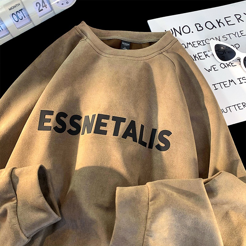 Suede estilo americano de manga larga pesada camiseta de los hombres de la marca de moda de otoño suelta camiseta superior primavera y otoño suéter