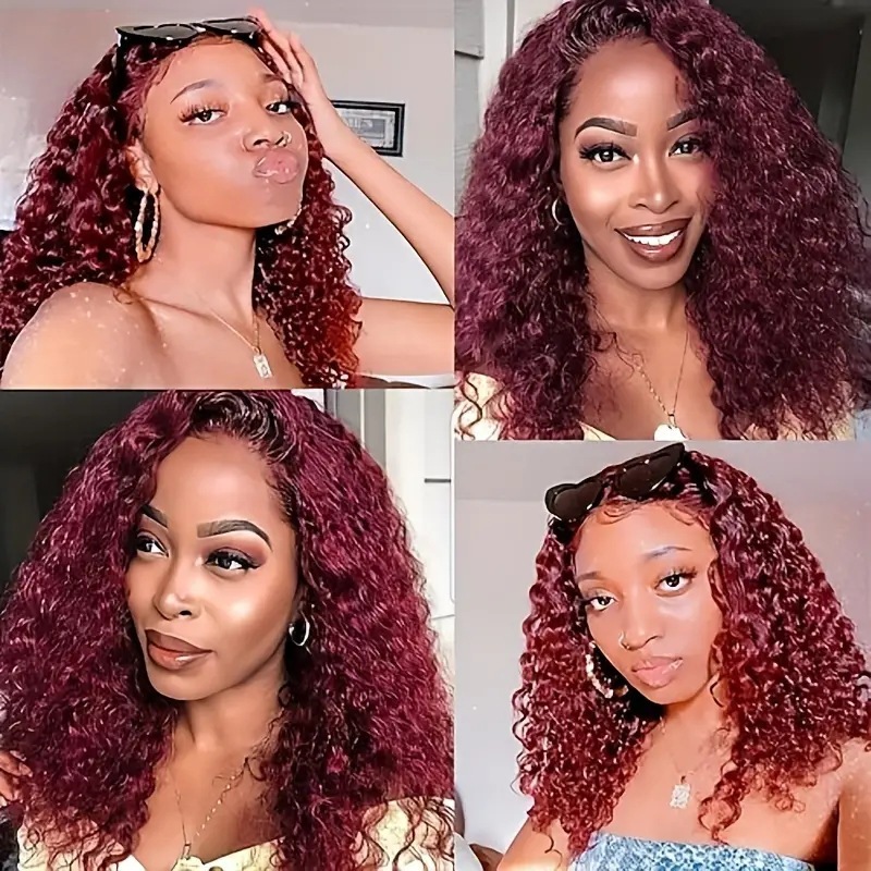 Perruque courte bouclée bordeaux pour femme, cheveux synthétiques naturels avec bordure en dentelle frontale, style européen/américain, idéale au quotidien._voghion.com
