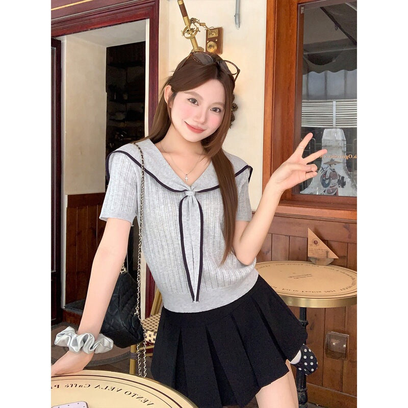 Girly Navy Style Short-Sleeved Knitwear for Women, New Summer Style, Contrasting Color Edge, V-Neck, Ribbon Design, Age-Reducing Top Girly Navy Style Short-Sleeved Knitwear for Women, New Summer Style, Contrasting Color Edge, V-Neck, Ribbon Design, Age-Reducing Top