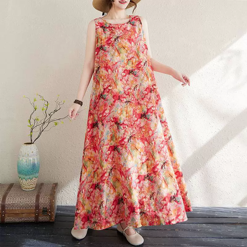 2025 реальный выстрел супер-размера 220 кг Летний богемный национальный стиль принт хлопчатобумажная льняная свободная длинная юбка большая юбка