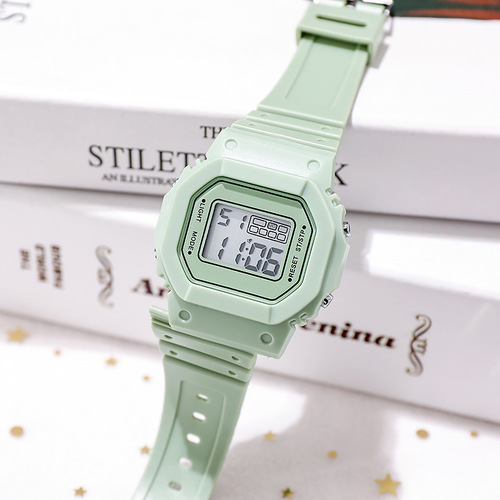 Matcha Green Solid Block Watch for Students and Youth, Outdoor Sports Waterproof Multi-functional LED Electronic Watch