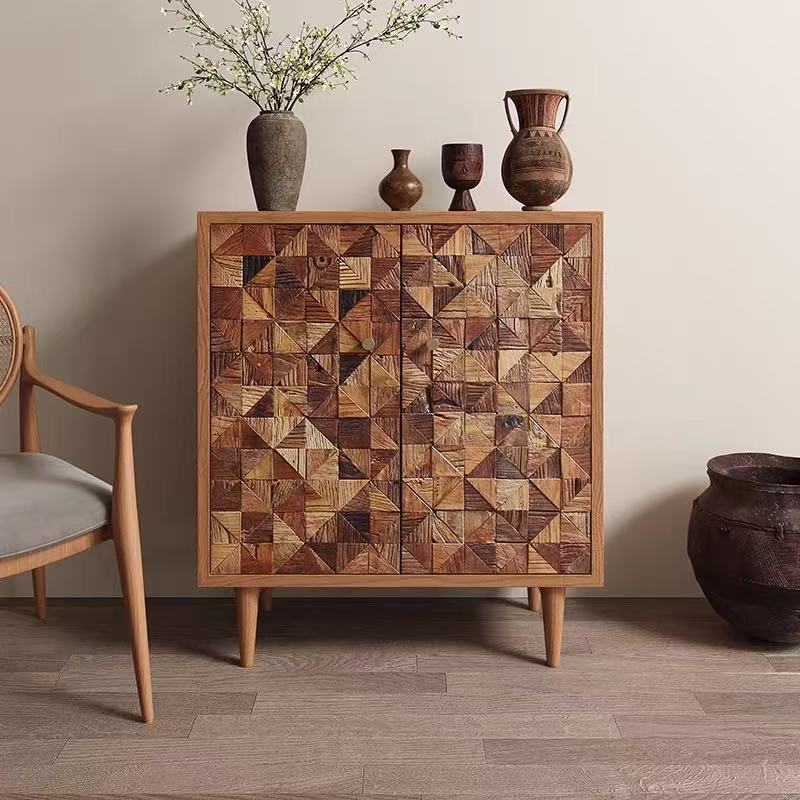 Retro Old Elm Sideboard Living Room Wall-Mounted B&B Decorative Sideboard Spliced ​​Solid Wood Bedside Storage Locker