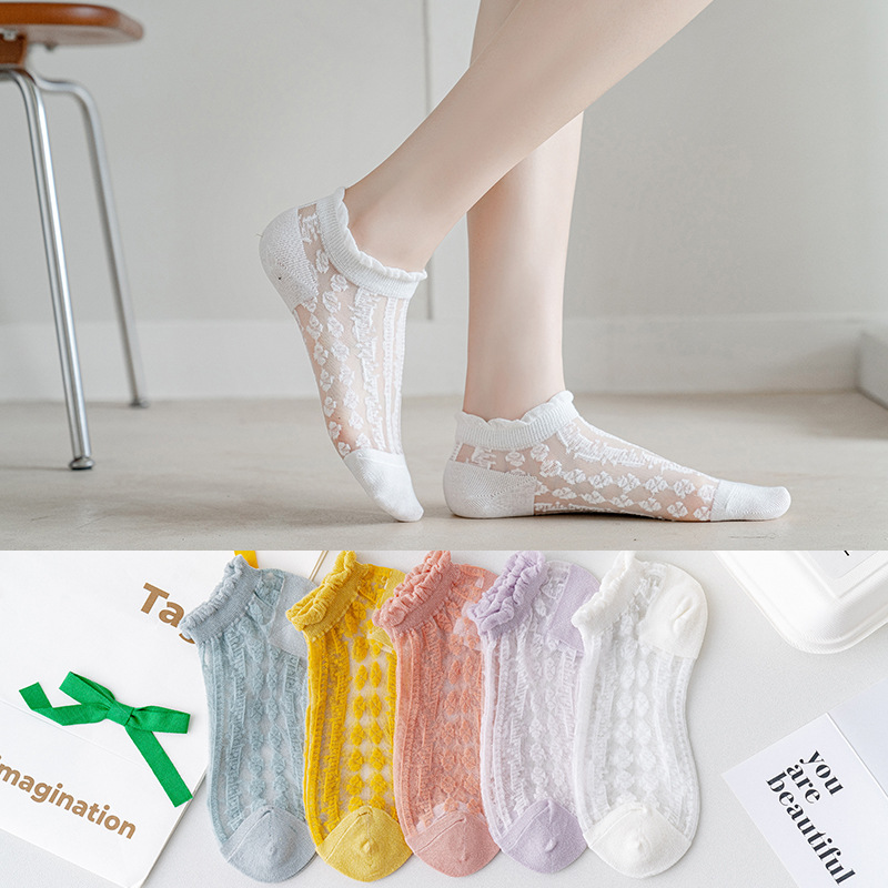 2021春夏新品船袜 女日系花边泡泡罗口卡丝袜 透气玻璃丝短筒女袜