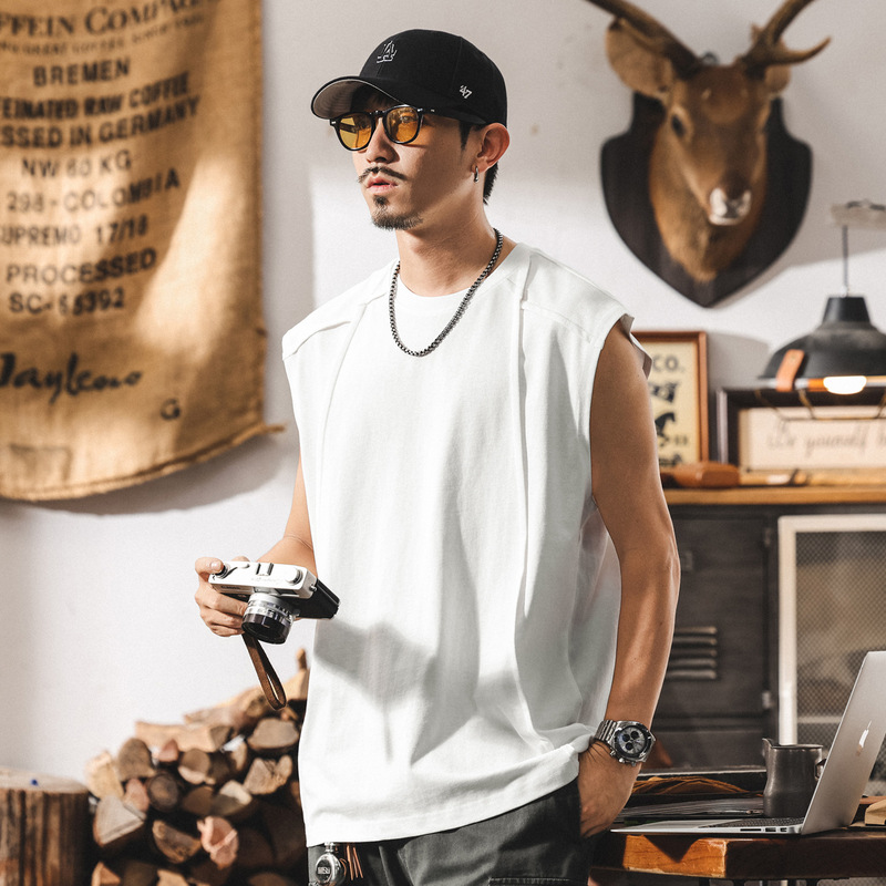 American Retro Heavyweight 280g Men's Vest Summer New Fashion Brand Splicing Waistcoat Loose Sleeveless Cotton T-Shirt