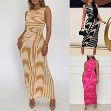 2023跨境亚马逊夏季新款黑白条纹渐变性感修身收腰包臀紧身连衣裙