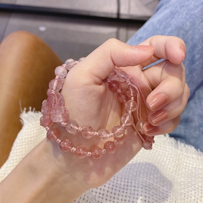 雏灵水晶清透6A蔷薇红草莓晶貔貅手链 手作编织手绳简约批发|ms