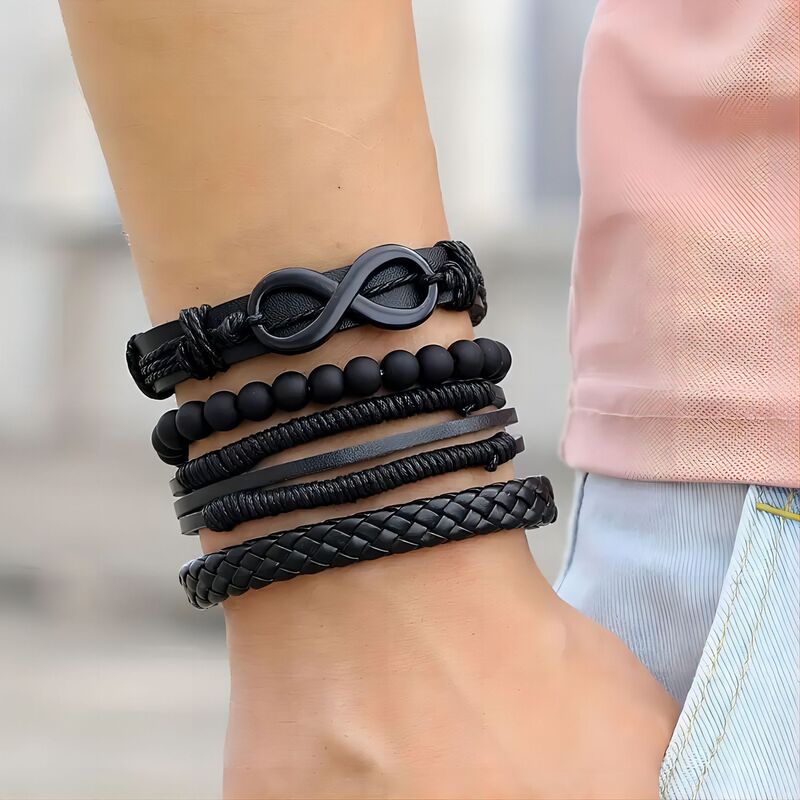 Cross-Border Hot Selling Unlimited 8-Character Accessories 4-Piece Set Cowhide Bracelet Hand-Woven Retro Fashion Bracelet Factory Ready Stock