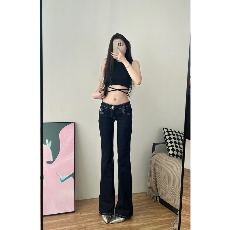 Spring and Autumn new style navy blue low-waist elastic double-button flared jeans for tall women, retro slimming floor-length pants Spring and Autumn new style navy blue low-waist elastic double-button flared jeans for tall women, retro slimming floor-length pants