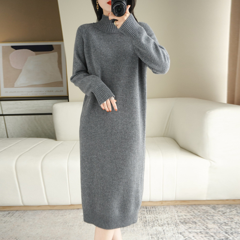 Mid-Length Dress for Women 25 Autumn and Winter New Loose Half Turtleneck Knitted One-Step Skirt over the Knee Wool Long Sweater