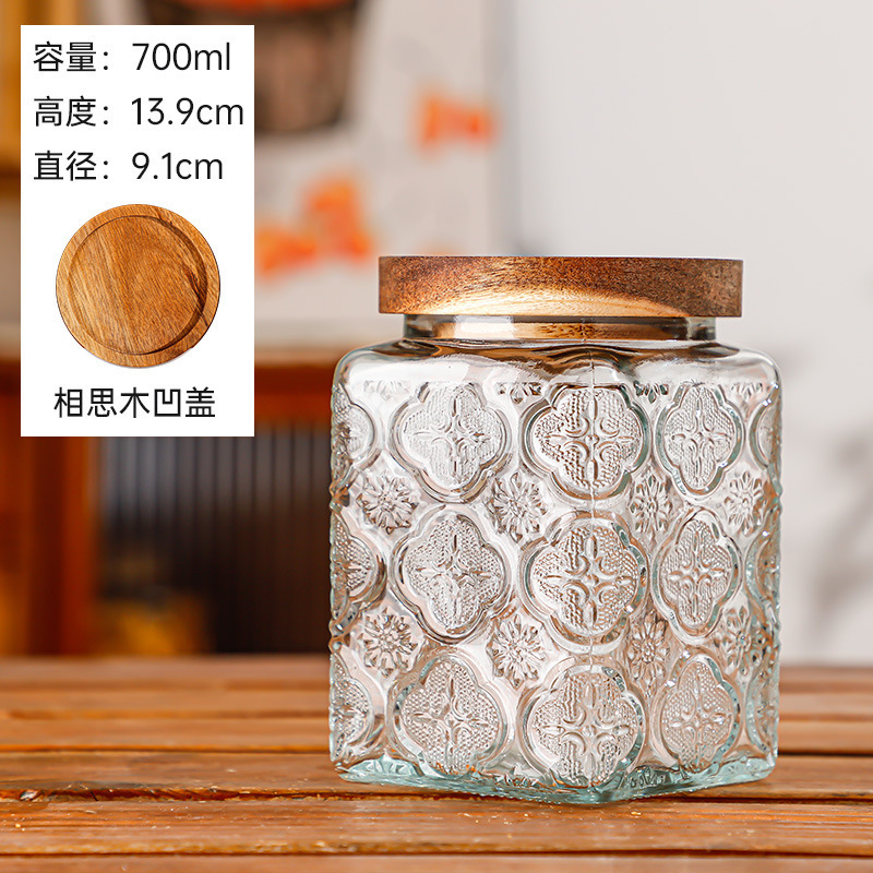 Hogar vintage Begonia flor realzada snack caramelo almacenamiento tarro bambú cubierta americana cocina transparente vidrio sellado frasco