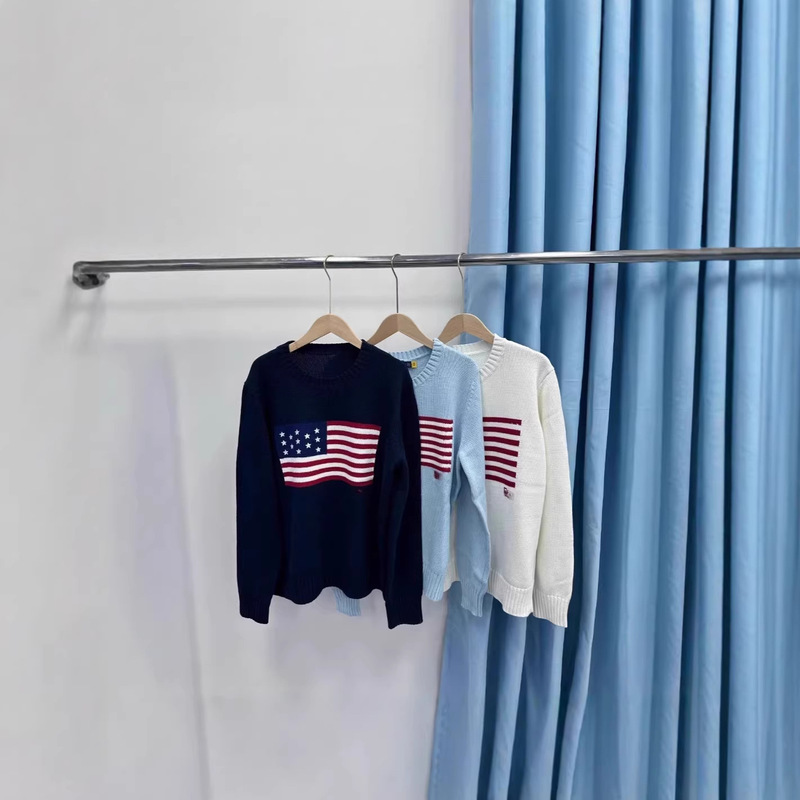 Cross-Border Plus-Size Autumn and Winter New Rl Heavy-Duty Five-Pointed Star Embroidered Striped Flag Pullover Crew Neck Knit Sweater for Men and Women