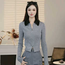 商场同款2026早秋新款百搭修身短款拼色长袖针织开衫