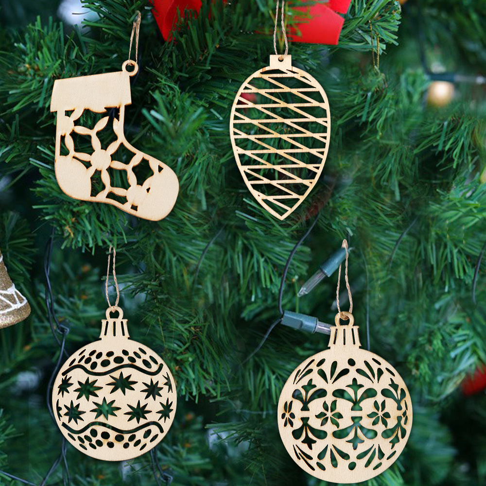 New Christmas Cross-border Decorations, Wooden Small Bell Ornament with Laser Engraved Hollow Christmas Tree Decoration