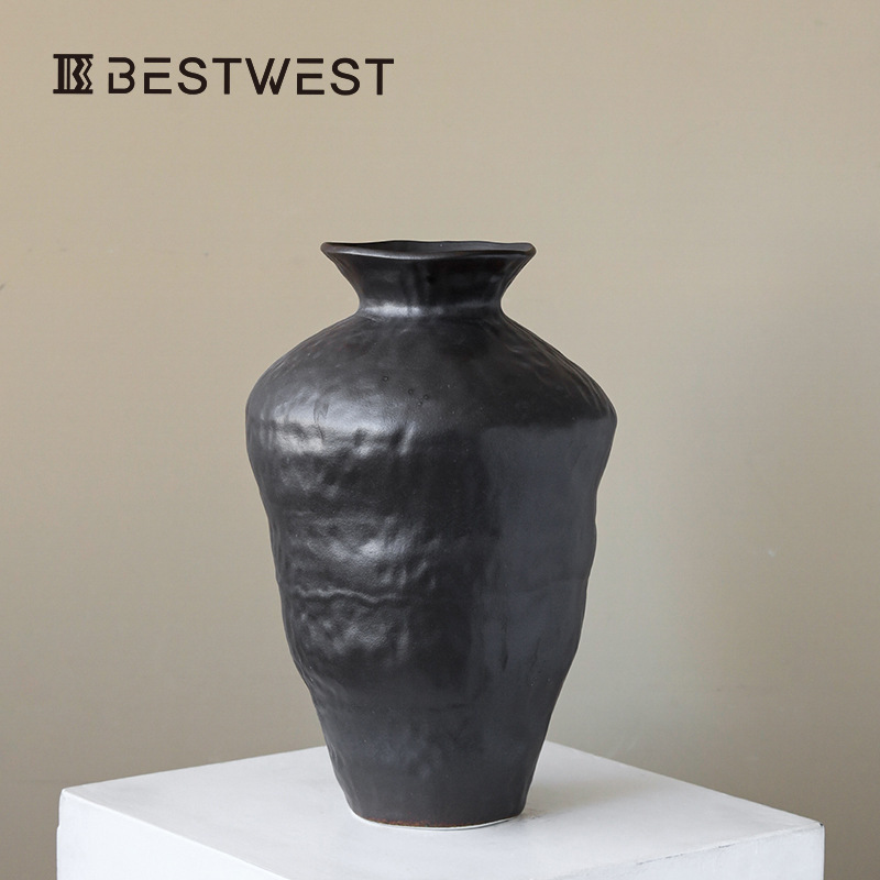 Wabi-Sabi Style Black Stoneware Jar, New Chinese Style Retro Zen Ceramic Vase Ornaments, B&B Tea Room, Hotel Flower Utensils