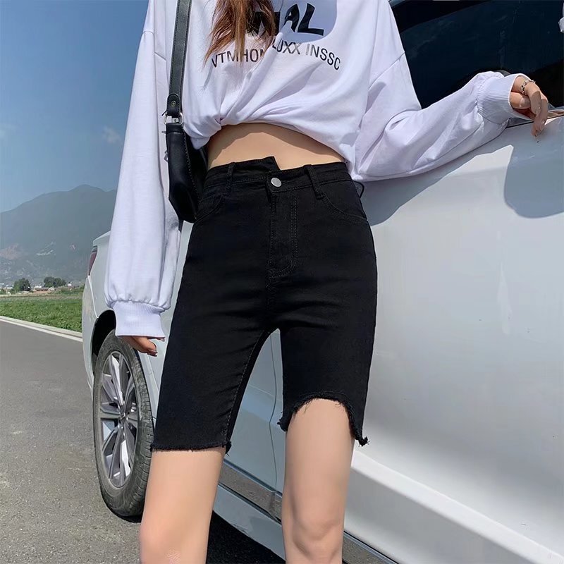 Irregular black tight Denim shorts cropped pants summer women's thin hot pants high waist riding pants bicycle pants Irregular black tight Denim shorts cropped pants summer women's thin hot pants high waist riding pants bicycle pants