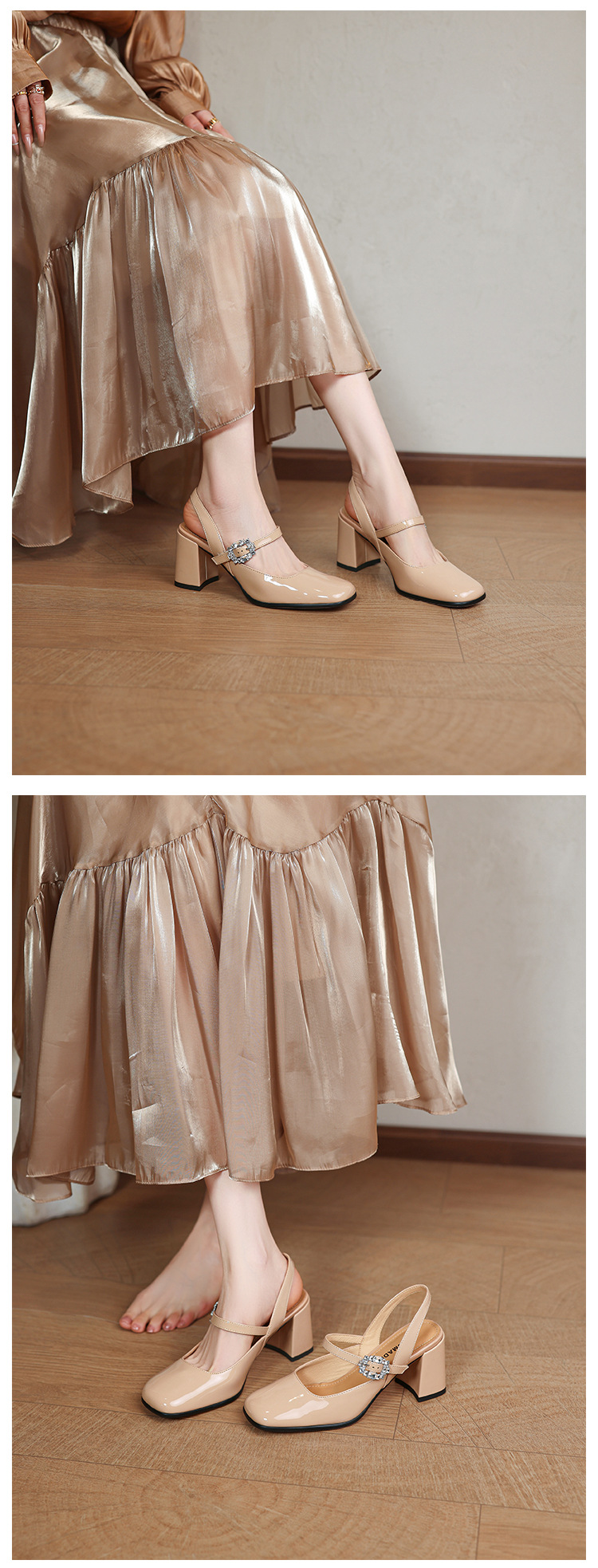 Giày sandal cao gót nữ quai ngang mũi tròn bít, gót 7 cm, phong cách Mary Jane — màu đen, Rượu vang đỏ, màu mơ, bạc chi tiết 25