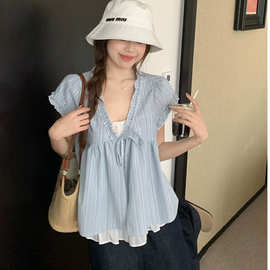 宽松韩版假两件短袖蓝色娃娃衫V领衬衫木耳边系带设计感上衣
