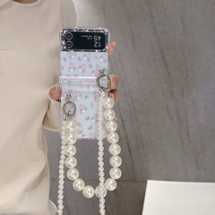 斜跨珍珠鏈適用三星zflip5摺疊屏手機殼三星Galaxy ZFLIP3/4碎花