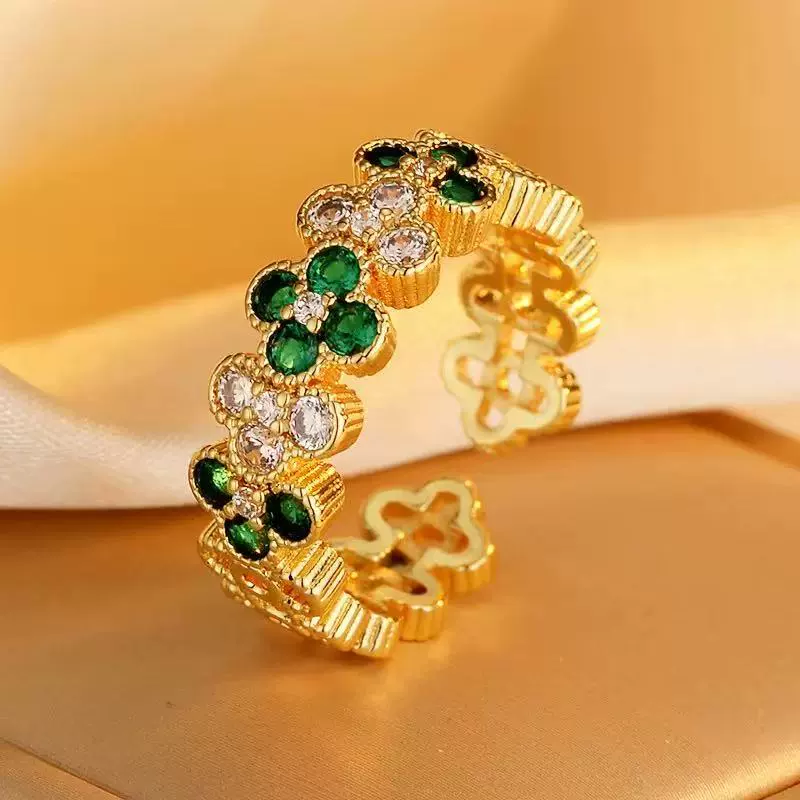 Универсальное зеленое кружевное кольцо в ретро-дворцовом стиле, доступное роскошное модное открытое кольцо с зеленым цирконом и четырехлистным клевером