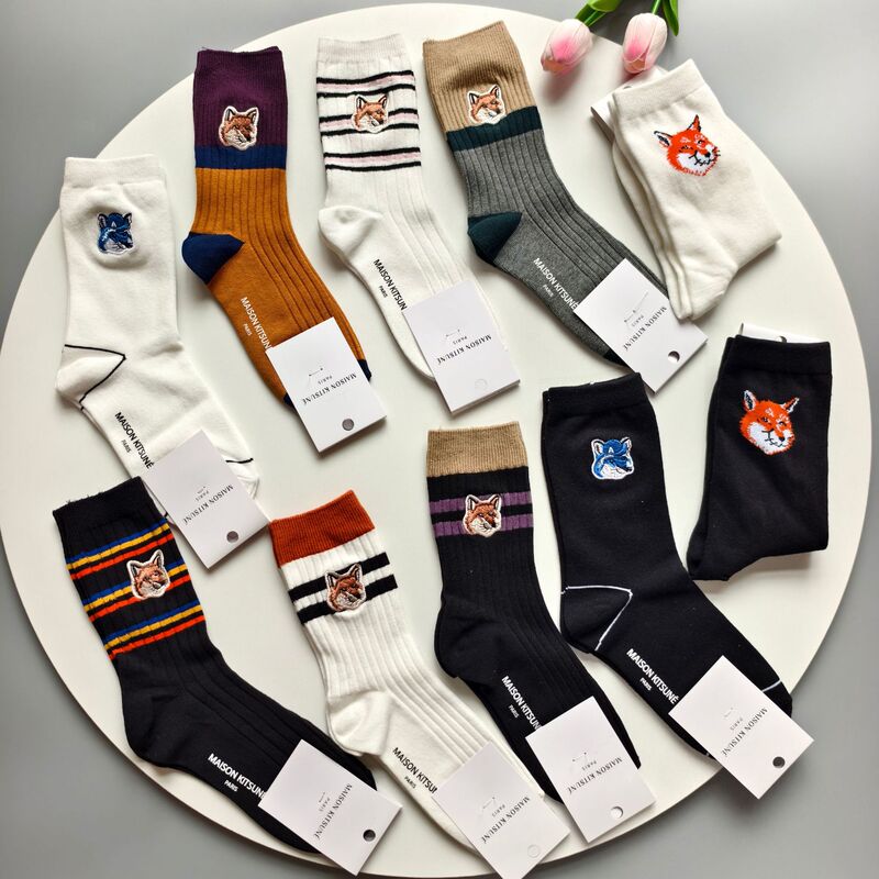 Autumn New Trendy French Embroidered Little Fox Double-Needle Color-Blocking Socks Street Casual Women's Socks Ins Available for Dropshipping