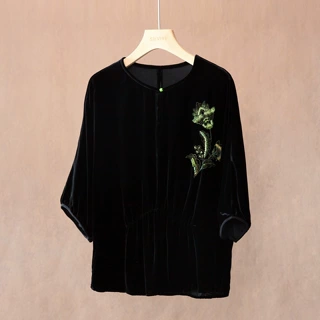 真丝丝绒上衣女折枝花卉刺绣新中式宽松桑蚕丝七分袖小衫秋