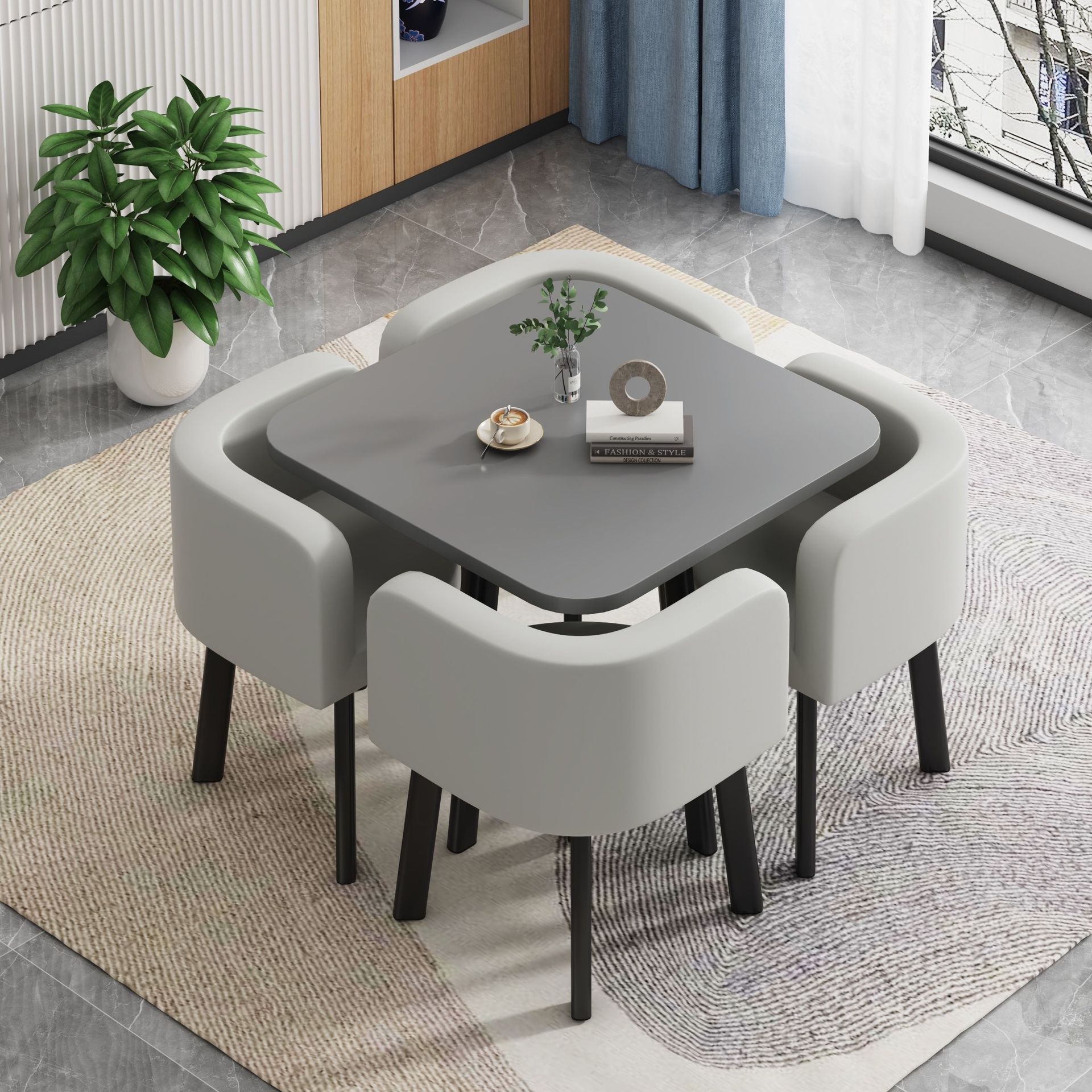 80CM 그레이 사각 테이블 + 라이트 그레이 가죽 의자 4개