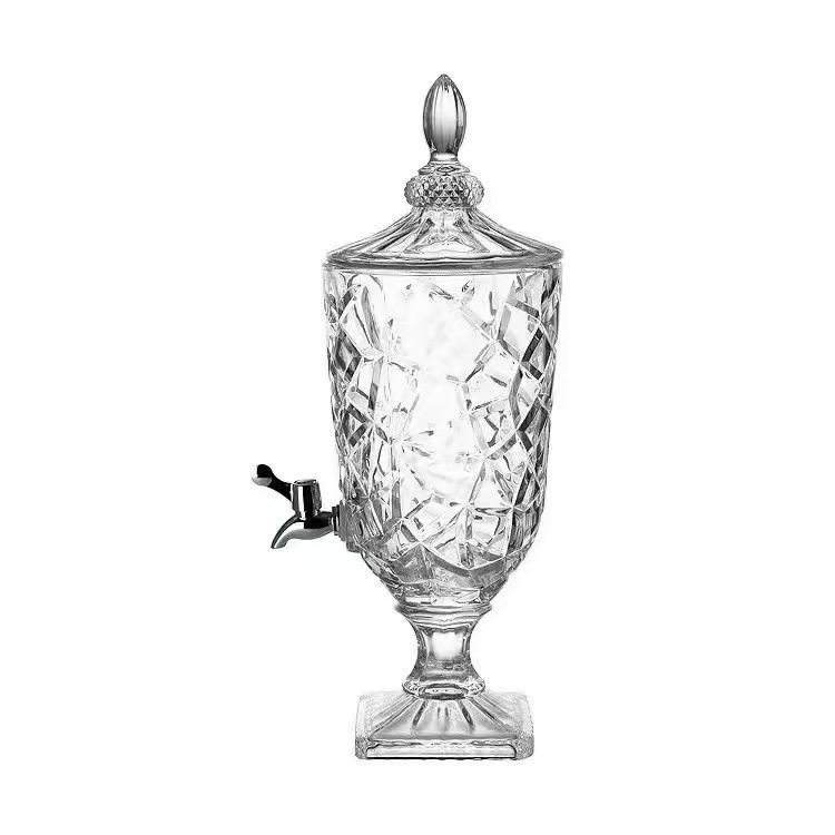 Jarra de jugo olla de vidrio botella de jugo de cristal en relieve con grifo de gran capacidad de jugo frasco transparente botella de agua fría al por mayor