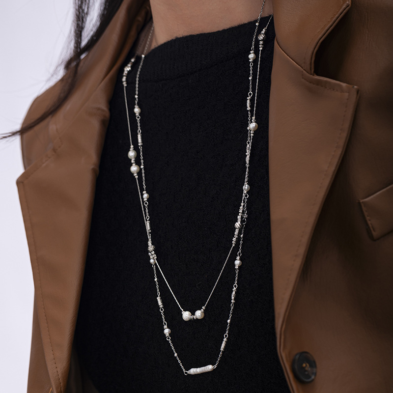 Acero inoxidable transfronterizo retro collar de perlas de bambú universal estilo simple nicho personalidad temperamento suéter cadena mujer