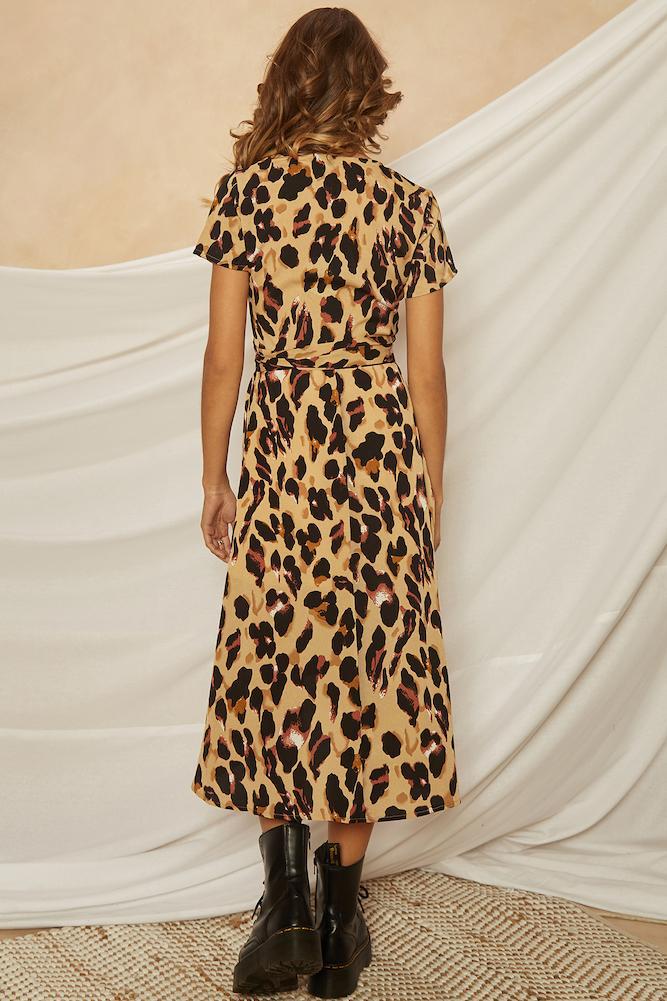 Deep V-Neck Leopard Print Short-Sleeved Strap Slit Dress NSJRM100171