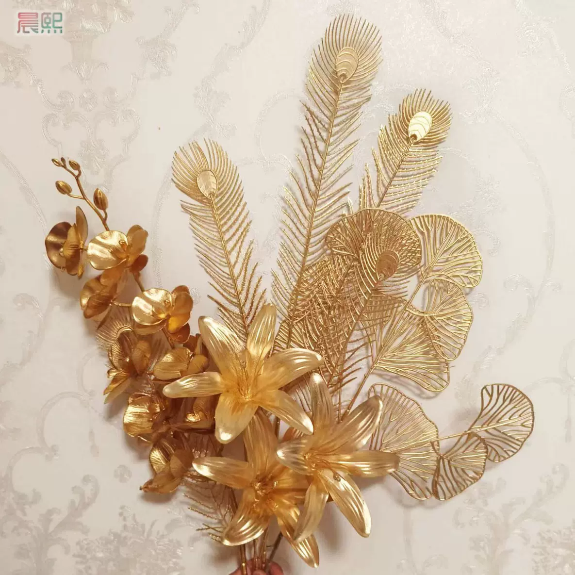 金色系婚礼花材金色仿真塑料叶福桶材料新年装饰摄影道具家居摆件