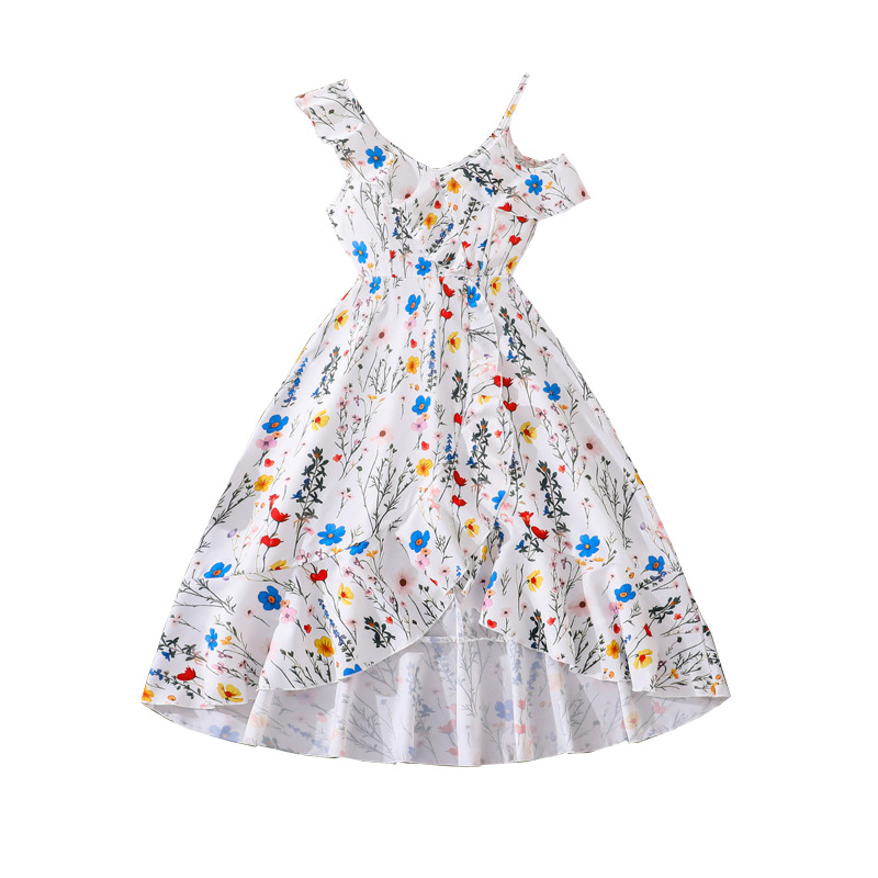 Primavera y verano de ropa de niñas europeas y estadounidenses, nuevo temperamento elegante borde de loto irregular vestido de impresión de cinturón
