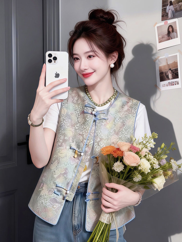 Áo gile nữ không tay dáng ngắn dệt jacquard thêu nổi, cổ tròn một hàng cúc — Áo gile dệt jacquard