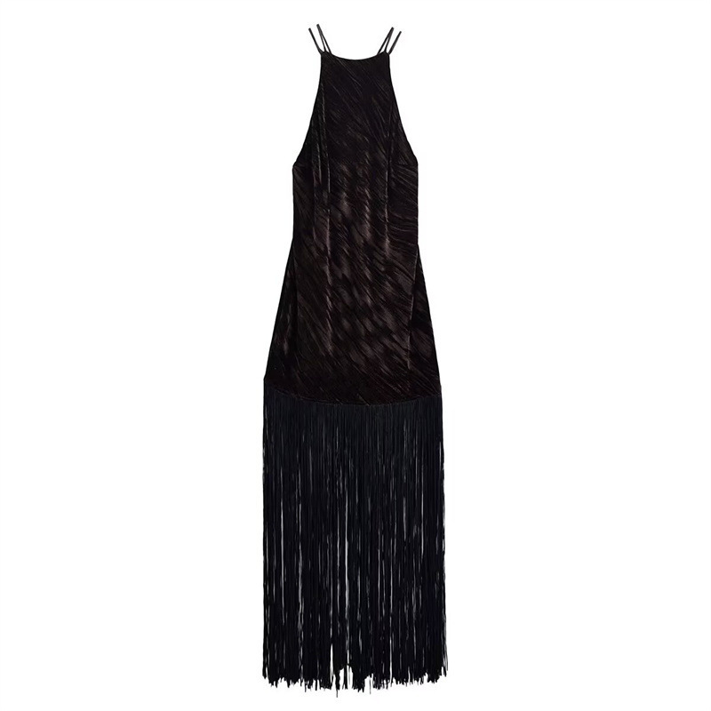 Cross-Border European and American Style Lunch Break Dress with Tassel Hem, Women's Fashion Suspender Zipper Dress, Fashionable and Slim-Fitting