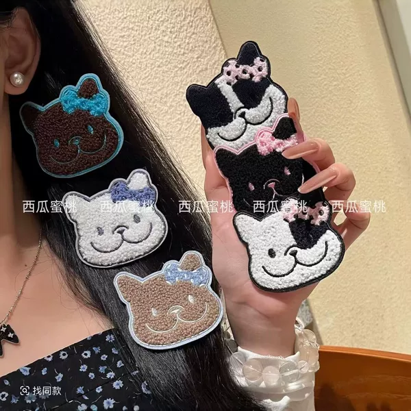 Towel Embroidery Puppy Bangs Sticker Cute Bow Cartoon French Bulldog Girl Hair Fixing Magic Tape