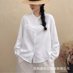 2025早秋新款立领棉纱衬衫女韩 版显瘦休闲衬衣纯色简约长袖上衣