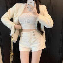 实拍小香风白色气质粗花毛呢短裤冬季高腰显瘦百搭外穿打底靴裤