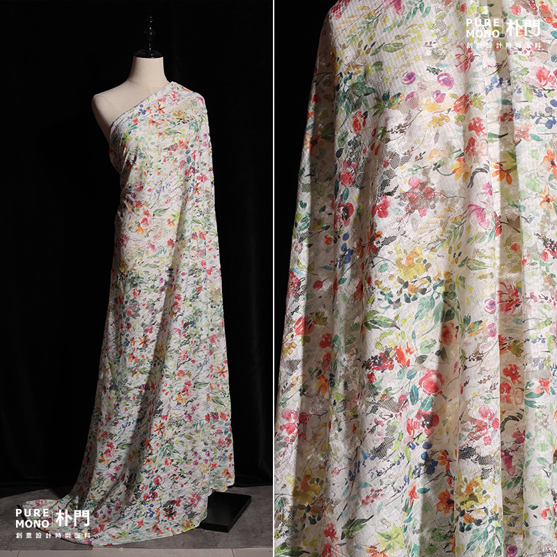 Pumeng Polyester-Cotton Fresh Style Printed Lace Mesh Fabric, Creative Niche Material for Handmade Clothing Designers